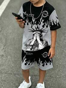 SHEIN 青少年男孩 2 件套服裝－自由女神像圖案印花 T 恤與短褲套裝－街頭風 - 彩色 - 查看 4