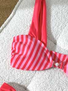 Swim Vcay Women's Sexy Tropical Wireless Bikini Set With Small Pearl Buckle Link Accents And Flag Pattern Patchwork, Spring/Summer Beach Party Red Stripe - Pink - View 3