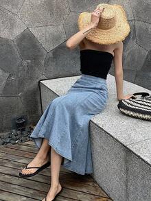 Wynsel Asymmetrical Hem Distressed Denim Bodycon Skirt For Women,Ruffle,Back To School Clothes Jeans Skirt - Medium Wash - View 12