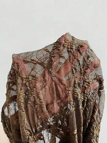 HautHeat 女款蕾絲單肩透視長袖上衣與條紋長褲休閒日常居家服套裝 - 咖啡棕 - 查看 8