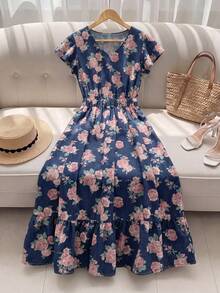 GlowEve Women's Summer Casual Floral Print Denim Dress - Dark Wash - View 1