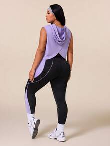SHEIN Rhythm Era 女款運動瑜珈戶外健身運動套裝，抽繩連帽無袖寬鬆連帽衫，胸前弧形對比色設計，線條與色塊對比緊身褲 - 彩色 - 查看 3