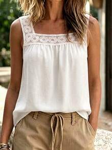 EMERY ROSE Top de alças casual para mulher em linho e algodão com renda patchwork e decote quadrado - Branco - Ver 6