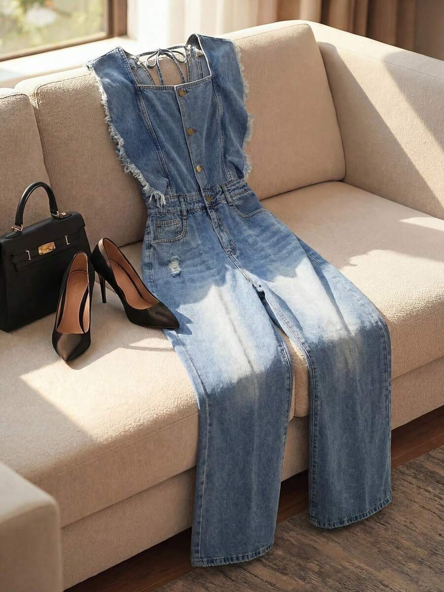 GlowEve Women's Casual Washed Distressed Denim Jumpsuit - Blue - View 1