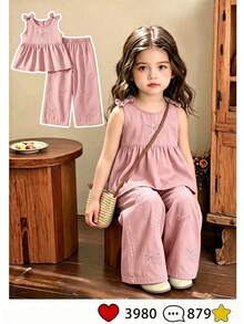 SHEIN Playful Pals 女童新款粉色水洗休閒修身可愛蝴蝶結刺繡牛仔吊帶上衣與寬鬆牛仔褲兩件套，柔軟舒適面料，女童時尚必備，適合春夏，簡約百搭風格，完美適用於日常穿搭、拍照、購物、外出、聚會，2026春夏新品 - 粉色 - 查看 2