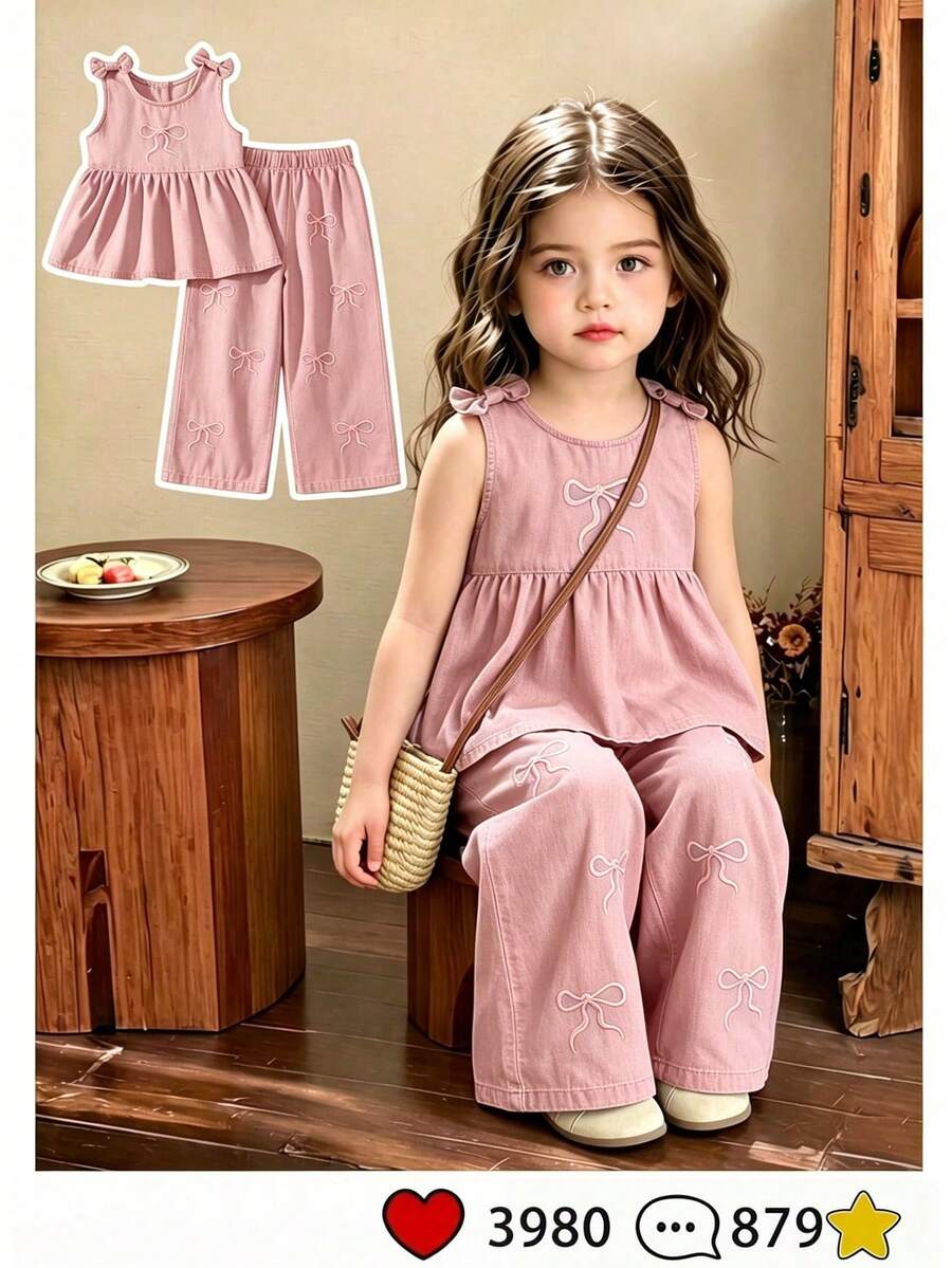 SHEIN Playful Pals 女童新款粉色水洗休閒修身可愛蝴蝶結刺繡牛仔吊帶上衣與寬鬆牛仔褲兩件套，柔軟舒適面料，女童時尚必備，適合春夏，簡約百搭風格，完美適用於日常穿搭、拍照、購物、外出、聚會，2026春夏新品