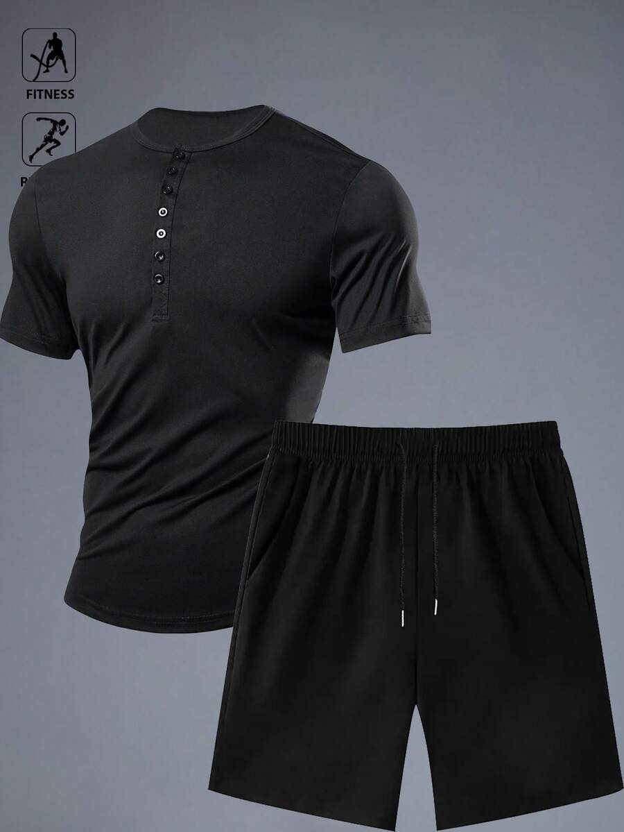 Gym Rark 2 Pieces Men's Summer Short Sleeved Set, Casual Sports Round Neck T-Shirt+Shorts Set, Fashionable Hen - Black - View 1