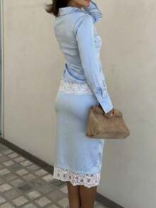 Siren Gaze Autumn Summer Women Satin Blue Lace Trim Blouse Top Low Rise Skirt 2 Pieces Set Party Wedding Going Out Elegant Casual Holiday Formal Back To School - Blue - View 7
