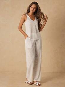 HautHeat Women's Solid Color Tank Top & Long Pants Loungewear Set - White - View 3