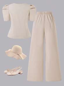 SHEIN Sparklyn Teen Girls 2pcs/Set Summer Elegant Metal Decor Petal Sleeve Blouse & Pants Set Back To School,Girls Outfit Sets, Fall, Autumn, Winter, Cardigan - Apricot - View 2