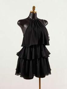 SaltGleam SaltGleam Women's Solid Color French Fashion Multi-Layer Ruffle Hem Halter Neck Tie Strap Dress - Black - View 4