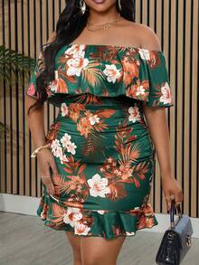 Villa Velisse Plus Size Women's Printed Off-Shoulder Dress, Spring/Summer, Suitable For Date, Romantic, Fashion, Daily, Versatile, Commute - Multicolor - View 3
