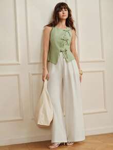 Pariaura Cool Zen Aesthetic Romantic Elegant Light Green Tie-Strap Sleeveless Women's Top Vacation Summer - Green - View 4