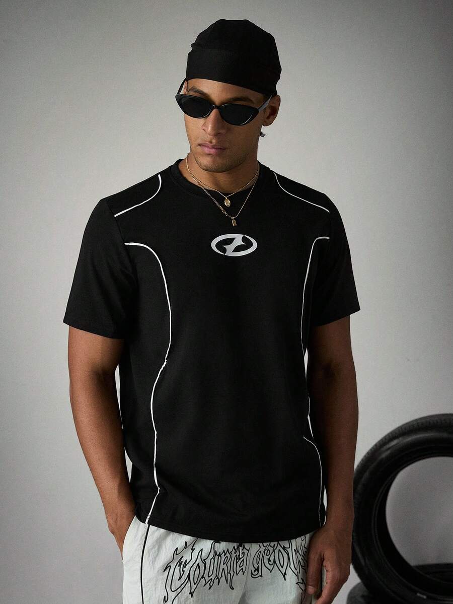 Sport MetroGents 男士休闲撞色滚边运动T恤,夏季,健身 - 黑色 - 查看 1