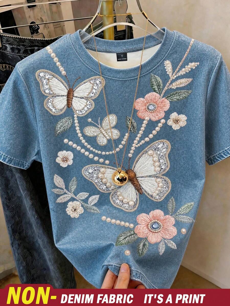 GlowEve 女款新款蝴蝶花卉仿刺繡印花圓領短袖T恤,夏季新款寬鬆版型,休閒風格,適合日常穿著、休閒造型、度假旅行,四季皆宜 - 藍色 - 查看 1