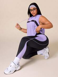 SHEIN Rhythm Era 女款運動瑜珈戶外健身運動套裝，抽繩連帽無袖寬鬆連帽衫，胸前弧形對比色設計，線條與色塊對比緊身褲 - 彩色 - 查看 7