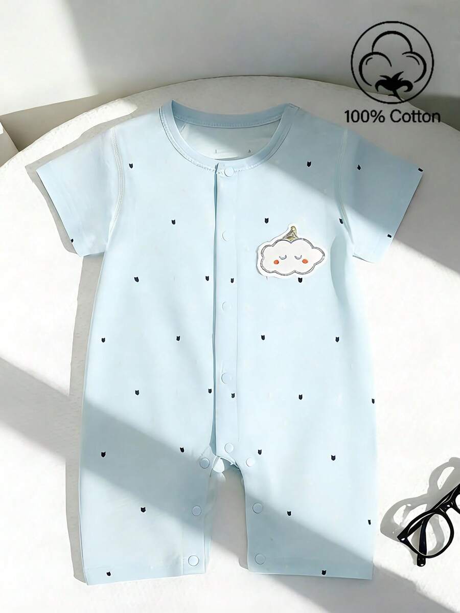 SHEIN 男嬰連身衣 幼兒服飾 100%純棉 2026春夏 薄款 新生兒短袖 可愛熱帶風淺藍色波點 親子套裝