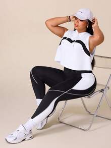 SHEIN Rhythm Era 女款運動瑜珈戶外健身運動套裝，抽繩連帽無袖寬鬆運動衫，胸前弧形對比色設計，緊身運動褲配條紋與色塊對比 - 彩色 - 查看 5