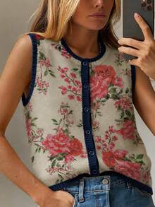Linhara Plus Size Women's Spring/Autumn Casual Style, Minimalist Versatile Retro Style, Full Floral Random Print Contrast Color Round Neck Single-Breasted Loose Knit Vest, Suitable For Spring/Autumn Wear - Multicolor - View 5