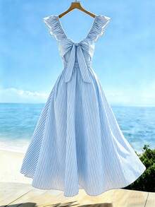 SHEIN Franclia 女士V领荷叶袖褶皱腰部露背系带波点印花连衣裙，春夏休闲度假连衣裙 - 藍白色 - 查看 2