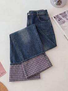 GlowEve CURVE Plus Size Women's All-Season Non-Stretch Casual Plaid Denim Jeans With Semi-Elastic Cuffs - Dark Wash - View 1
