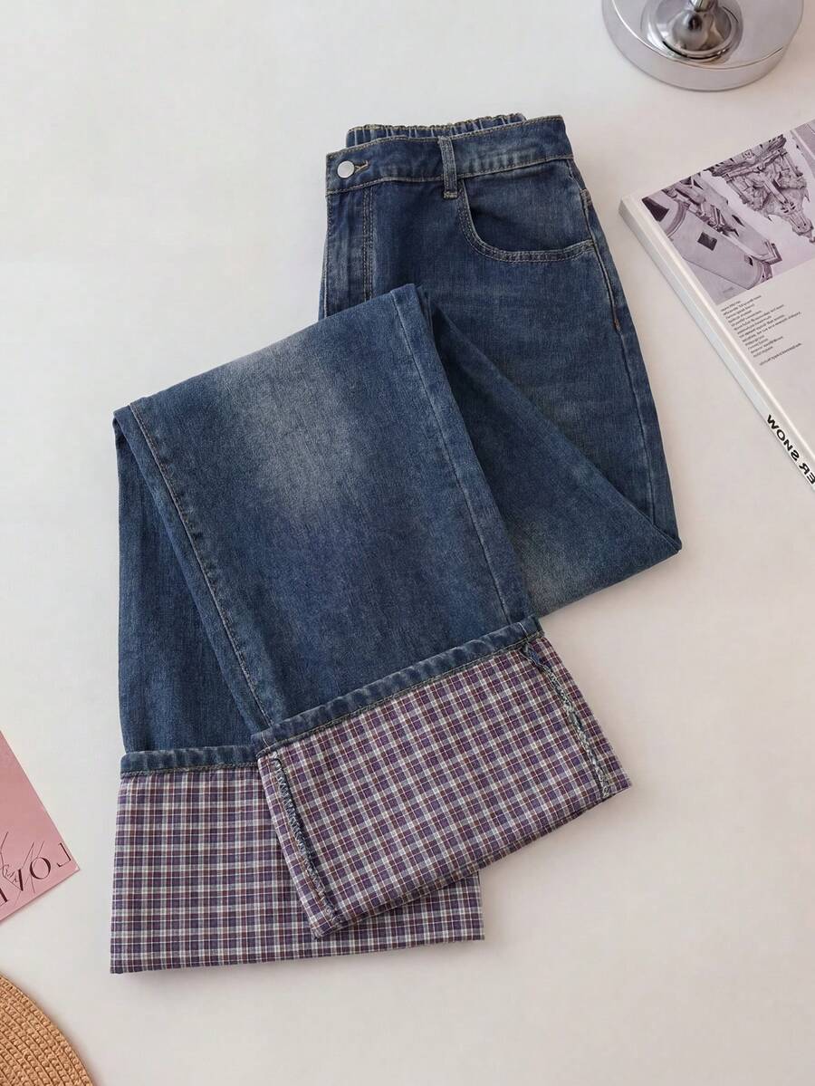 GlowEve CURVE Plus Size Women's All-Season Non-Stretch Casual Plaid Denim Jeans With Semi-Elastic Cuffs - Dark Wash - View 1