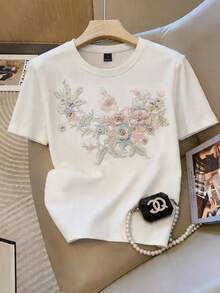 GlowEve 女款白色花卉刺繡圓領棉質上衣，夏季休閒百搭短袖T恤，舒適柔軟面料，適合日常通勤與外出 - 白色 - 查看 3