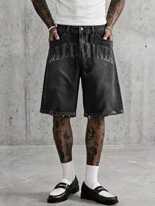 AXEPEAK Men's Letter Print Pocket Casual Denim Shorts - Black - View 2