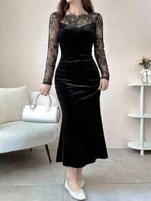 DAZY Women's Lace Patchwork Mermaid Midi Dress, Autumn Long Sleeve Dress - Black - View 14