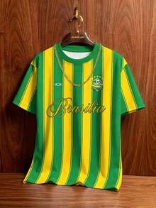 Manfinity Campus Court 男士 Brasilia 綠黃條紋足球 T-shirt，世界盃巴西球迷上衣，適合賽事、聚會、旅行與日常穿著，假日款 - 彩色 - 查看 6