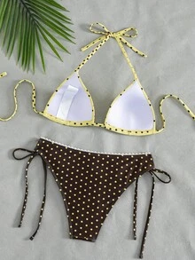 Swim Vcay 2件組夏季新款波點印花多色掛脖式荷葉邊性感優雅度假比基尼套裝，女款泳衣，適合海灘泳池派對 - 彩色 - 查看 2