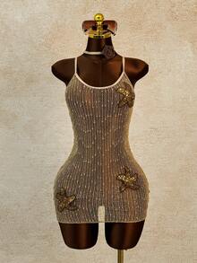 SHEIN Swim 女款春夏泳裝外罩衫，網紗設計，防曬，適合游泳、溫泉、度假、海灘派對、熱帶風情，性感米色 - 棕色 - 查看 4