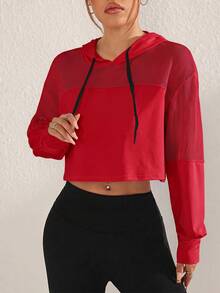 SHEIN Sovereign Charm 女款極簡短版長袖連帽運動運動衫時尚款 - 紅色 - 查看 3