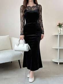 DAZY Women's Lace Patchwork Mermaid Midi Dress, Autumn Long Sleeve Dress - Black - View 11