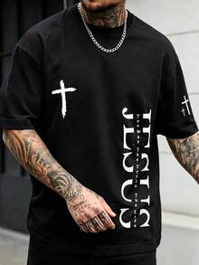 Manfinity Dauomo Men's Short Sleeve T-Shirt With American Style Cross & JESUS Letter Graphic Print - Black - View 1