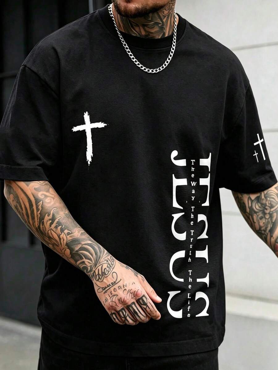 Manfinity Dauomo Men's Short Sleeve T-Shirt With American Style Cross & JESUS Letter Graphic Print - Black - View 1