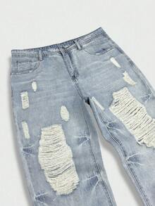 Manfinity Roghcode Men's Summer Light Wash Blue Distressed Denim Long Pants Street Loose Fit - Light Wash - View 7