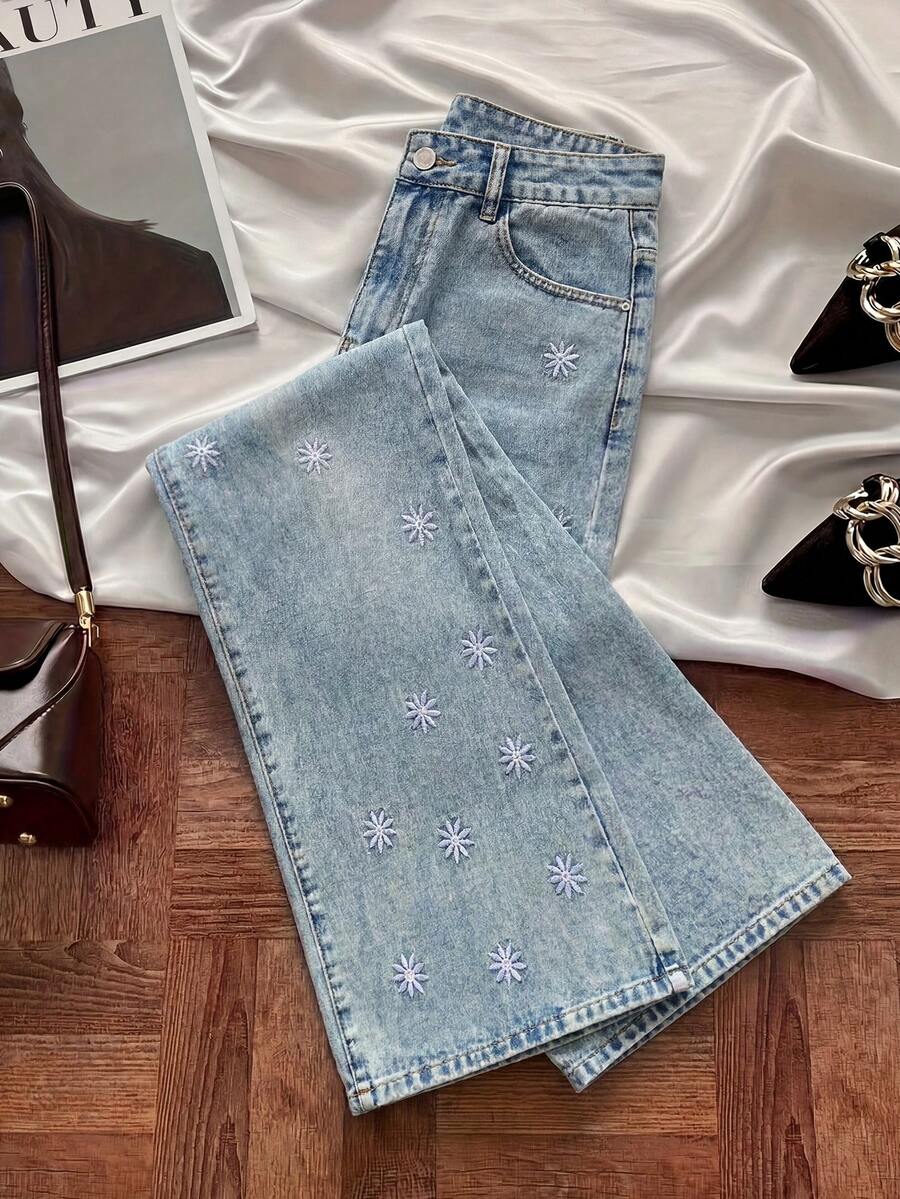 GlowEve Women's Casual Washed Floral Embroidered Wide Leg Jeans - Blue - View 1
