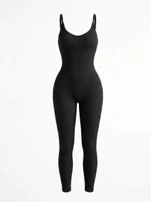 Dewbera Dewbera 2件組女款運動連身褲，U領、露背、可調式肩帶、純色、羅紋、緊身、無縫，適合跑步、瑜珈、健身、運動，提臀長褲 - Pearl White - 查看 3