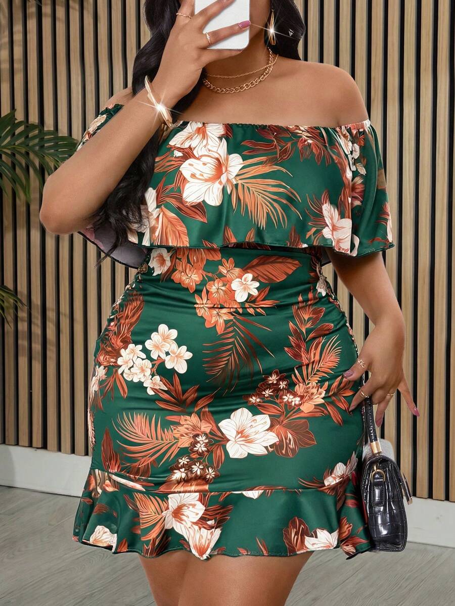 Villa Velisse Plus Size Women's Printed Off-Shoulder Dress, Spring/Summer, Suitable For Date, Romantic, Fashion, Daily, Versatile, Commute - Multicolor - View 1