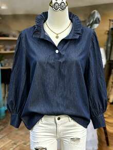 Linhara Plus Size Women's Casual Spring/Autumn Blouse, Minimalist Versatile Retro Style, Solid Color Lapel Loose Fit Shirt, Suitable For Spring/Autumn Wear - Blue - View 3