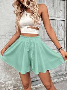 EMERY ROSE Plus Size Mint Green Solid Paperbag Ruffle Waist Drawstring Elastic Flowy Skort Wavy Hem Wide Leg Casual Summer Beach Shorts - Multicolor - View 3