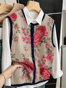 Linhara Plus Size Women's Spring/Autumn Casual Style, Minimalist Versatile Retro Style, Full Floral Random Print Contrast Color Round Neck Single-Breasted Loose Knit Vest, Suitable For Spring/Autumn Wear - Multicolor - View 4