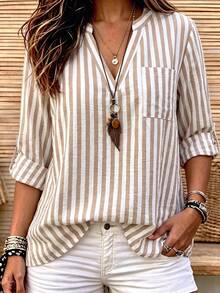 EMERY ROSE Áo blouse nữ size lớn sọc thời trang phong cách thường ngày cho mùa thu - Màu Khaki - Xem 1
