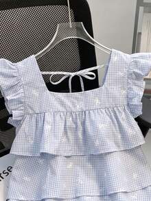 SHEIN Franclia 2026夏季新款女式蓝色格纹蝴蝶结印花层叠衬衫，方领荷叶袖系带露背荷叶边上衣，可爱Y2K娃娃款露脐上衣，适合度假日常休闲穿着 - 彩色 - 查看 3