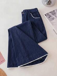 GlowEve CURVE Plus Size Fashion Lace Patchwork Button Pocket Casual Denim Jeans - Dark Wash - View 7