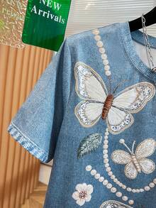 GlowEve 女款新款蝴蝶花卉仿刺繡印花圓領短袖T恤，夏季新款寬鬆版型，休閒風格，適合日常穿著、休閒造型、度假旅行，四季皆宜 - 藍色 - 查看 5