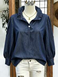 Linhara Plus Size Women's Casual Spring/Autumn Blouse, Minimalist Versatile Retro Style, Solid Color Lapel Loose Fit Shirt, Suitable For Spring/Autumn Wear - Blue - View 4