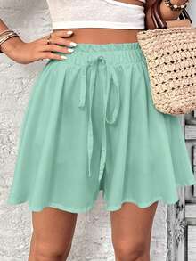EMERY ROSE Plus Size Mint Green Solid Paperbag Ruffle Waist Drawstring Elastic Flowy Skort Wavy Hem Wide Leg Casual Summer Beach Shorts - Multicolor - View 4
