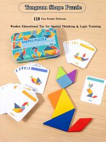 MINKOJA Portable Iron Box Wooden Tangram Puzzle, 59 Double-Sided Cards 118 Patterns, Montessori Educational Toy For Kids 3+, Travel Brain Game Develops Spatial Thinking & Hands-On Ability, Perfect Gift For Boys Girls - Multicolor - View 12